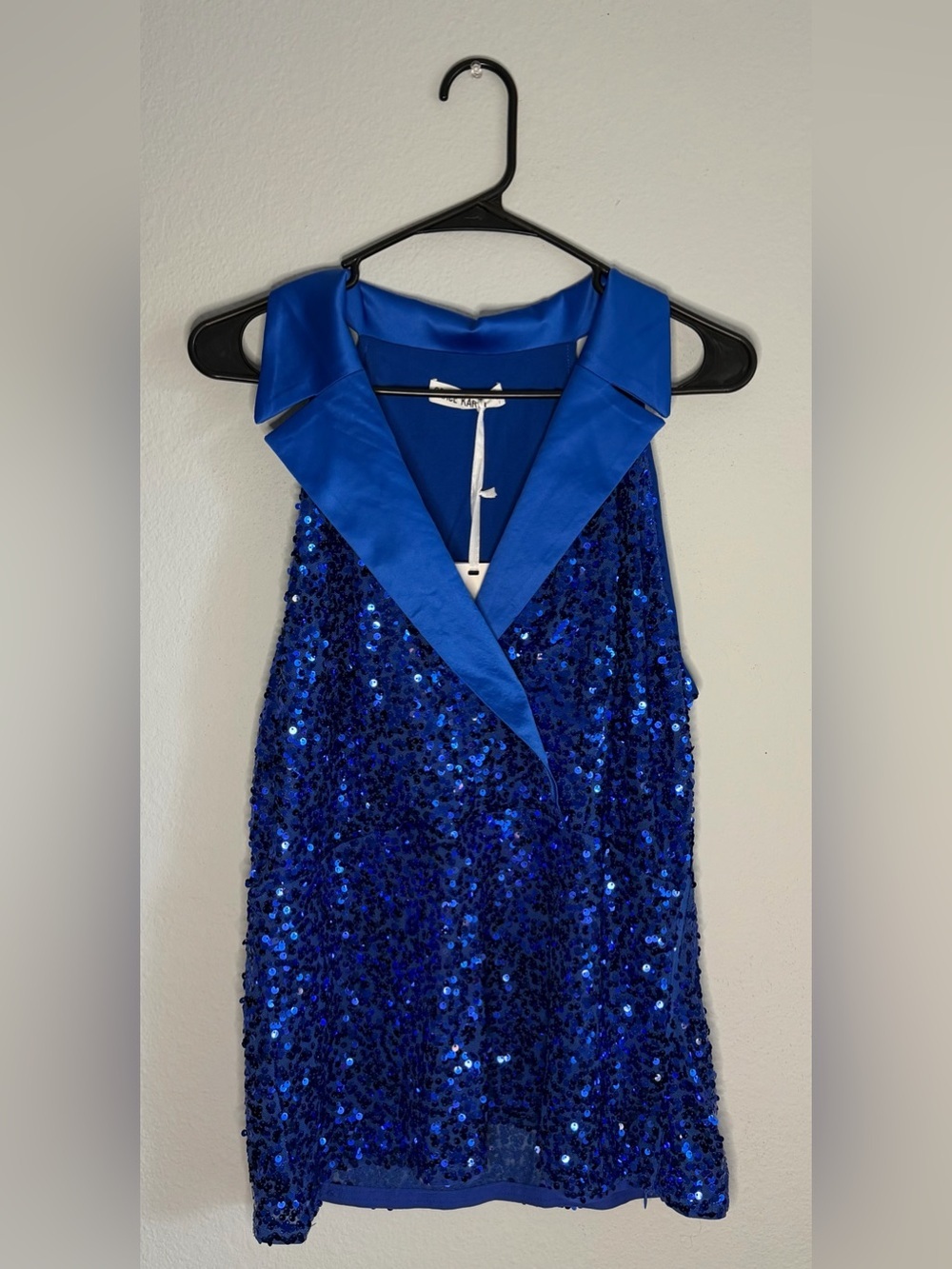 NWT Grace Karin Royal Blue Sequin Halter Top Blouse with Satin Lapel Neck- XL